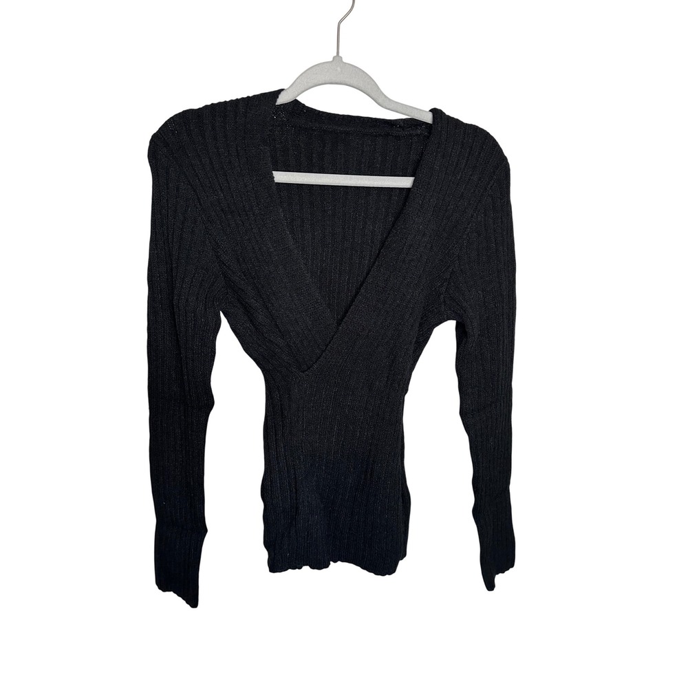 Cupshe Black Ribbed Knit Wrap Top V Neck‎ Long Sleeve Sweater